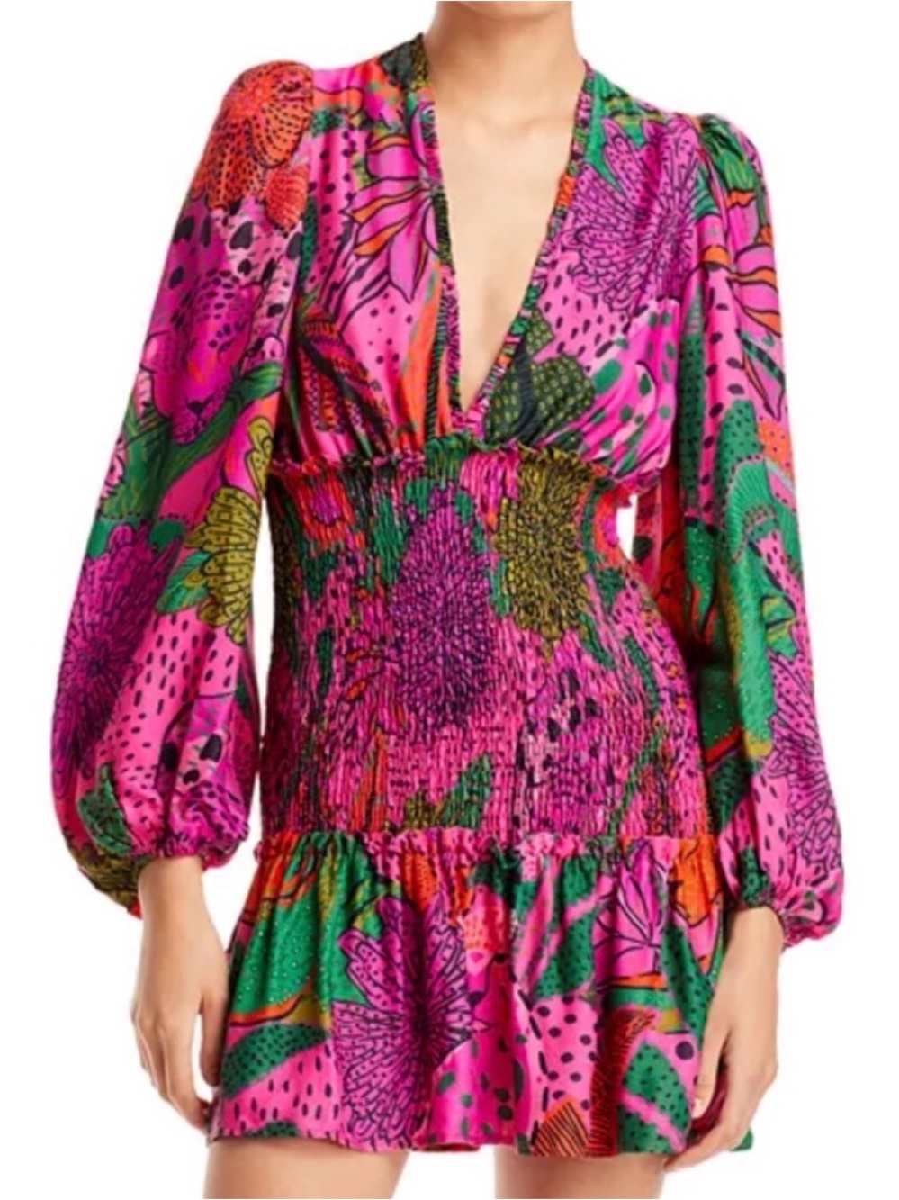 FARM Rio Pink Floral Smocked Mini Dress with Green and Orange Accents